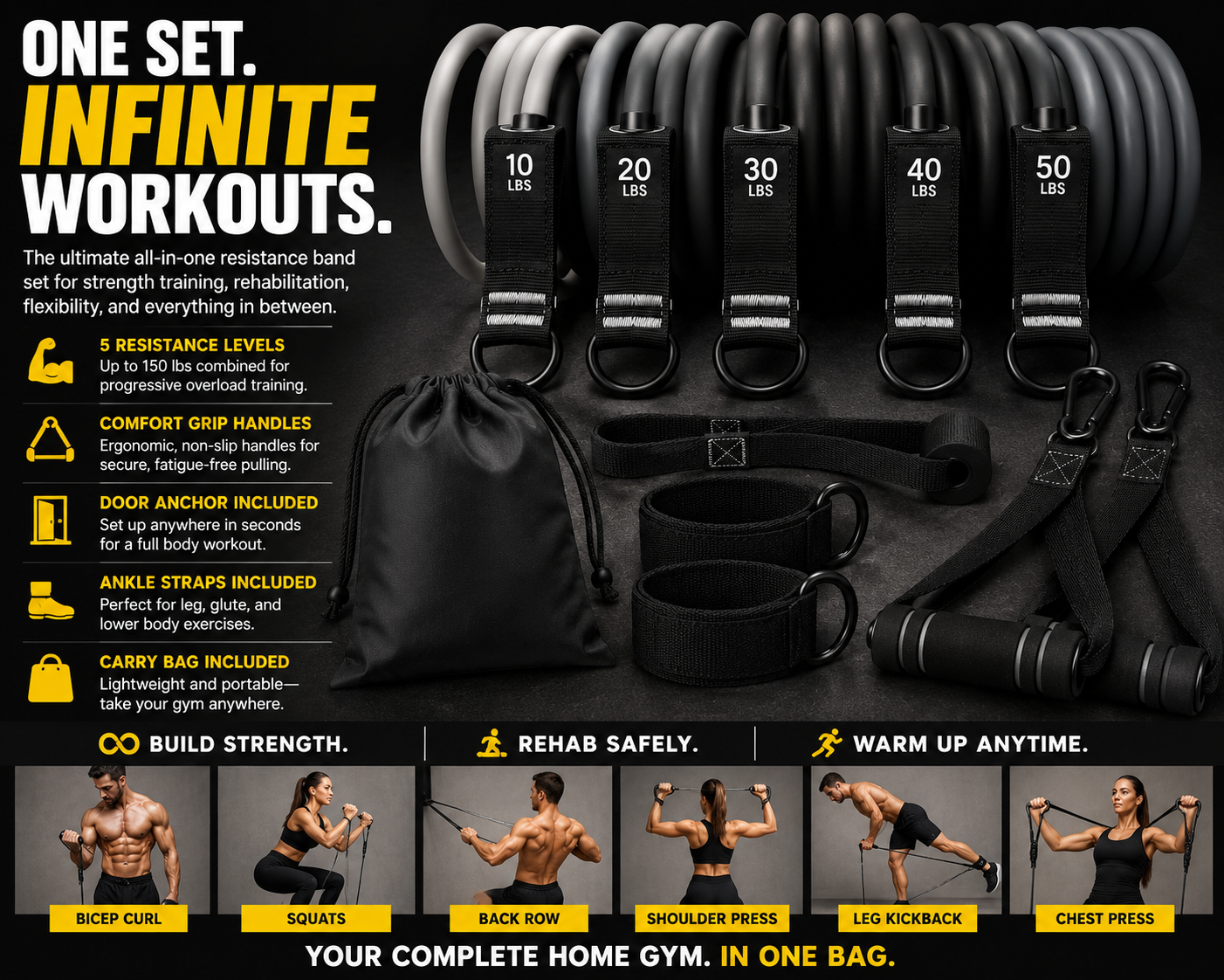 Resistance Band Set – Complete Home Gym System (Up to 150 lbs)