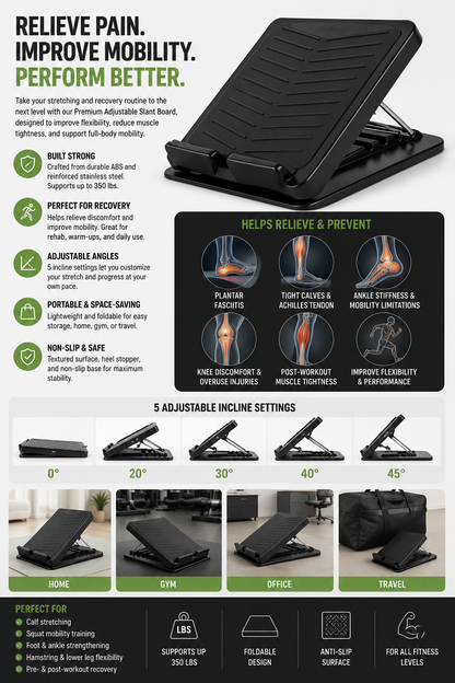 Adjustable Incline Stretch Board for Calf Flexibility, Plantar Fasciitis Relief & Mobility Training
