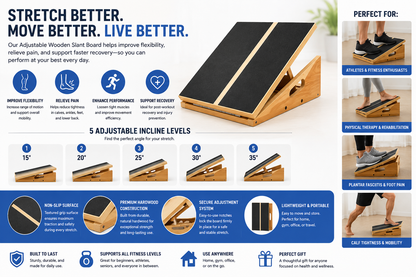 Professional Adjustable Wooden Slant Board for Calf Stretching, Balance & Foot Therapy