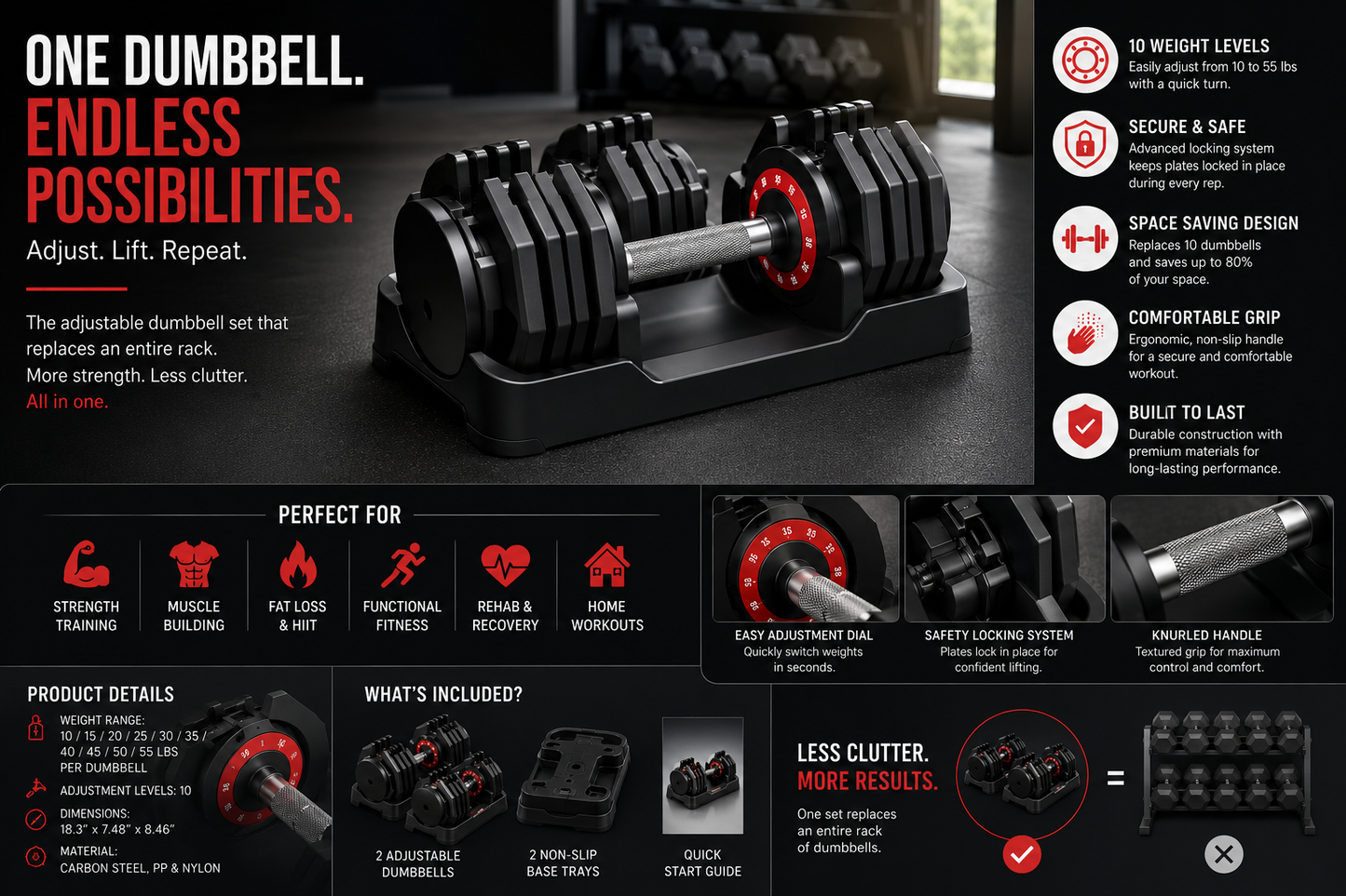 Quick-Adjust Dumbbell Set for Home Gym Strength Training & Full Body Workouts