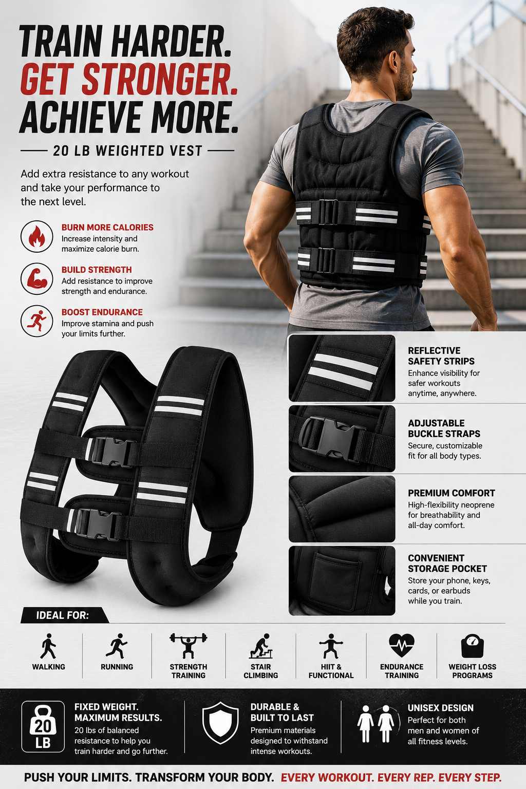 Reflective Adjustable Weighted Vest for Strength Training, Running, Walking & Fitness