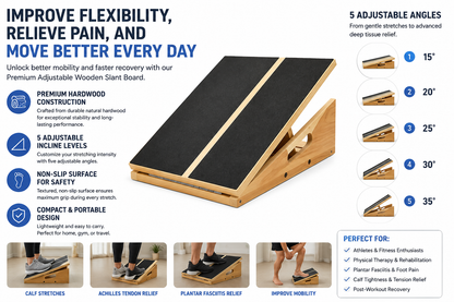 Professional Adjustable Wooden Slant Board for Calf Stretching, Balance & Foot Therapy