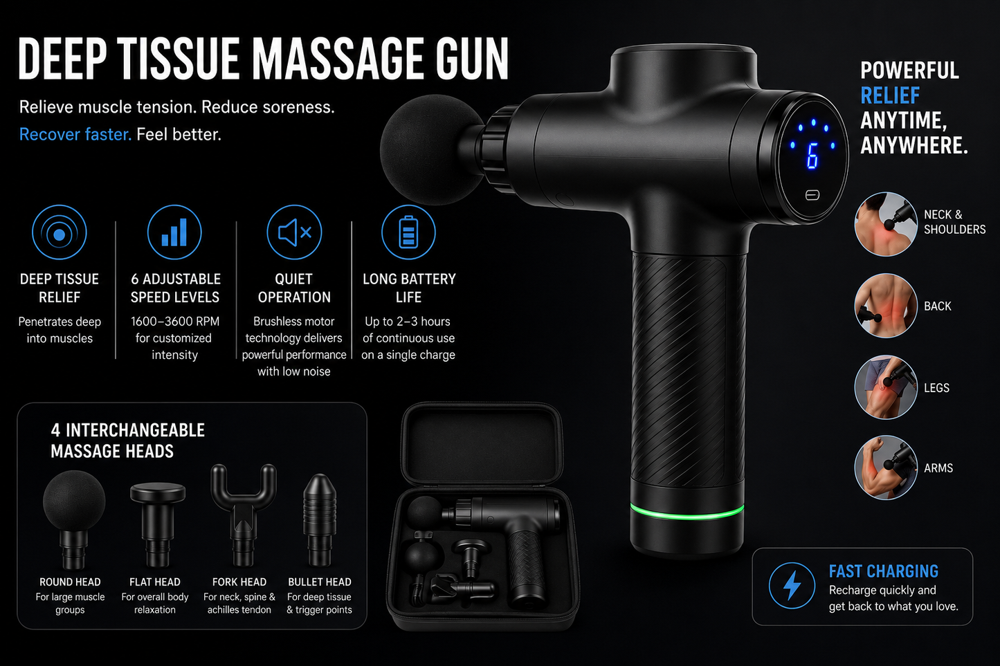 Deep Tissue Percussion Massage Gun for Muscle Recovery, Pain Relief & Full Body Relaxation
