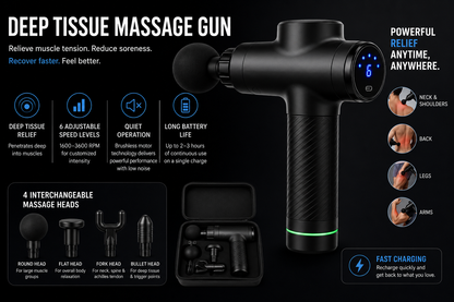 Deep Tissue Percussion Massage Gun for Muscle Recovery, Pain Relief & Full Body Relaxation