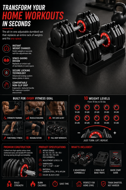 Quick-Adjust Dumbbell Set for Home Gym Strength Training & Full Body Workouts