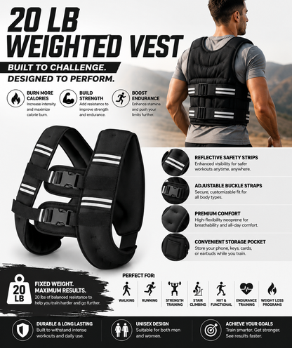 Reflective Adjustable Weighted Vest for Strength Training, Running, Walking & Fitness