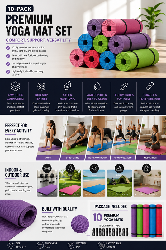 Premium Yoga Mat Bundle-10 Pack Colored